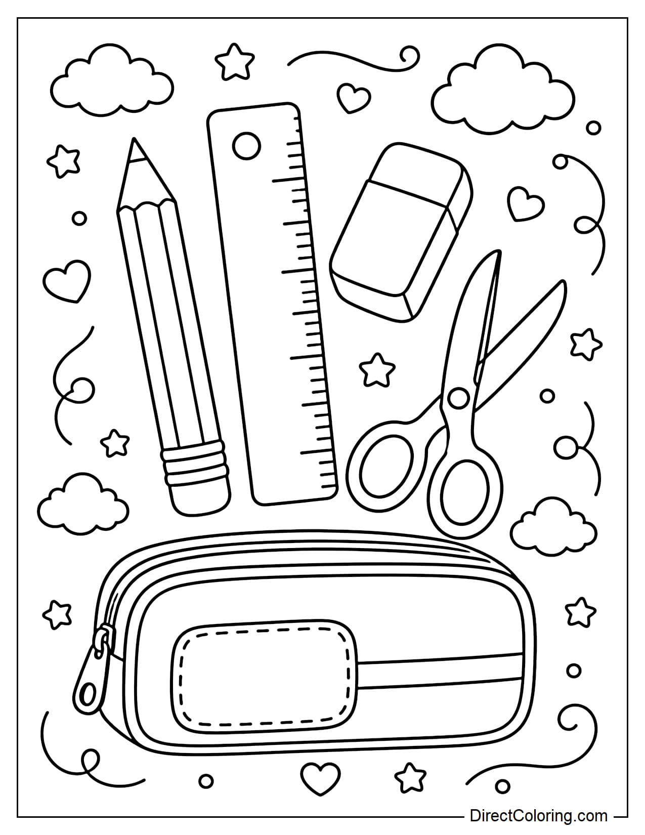 Many school supplies are neatly arranged on one page, including pencils, rulers, erasers, scissors, and pencil cases, surrounded by stars, little hearts, and clouds.