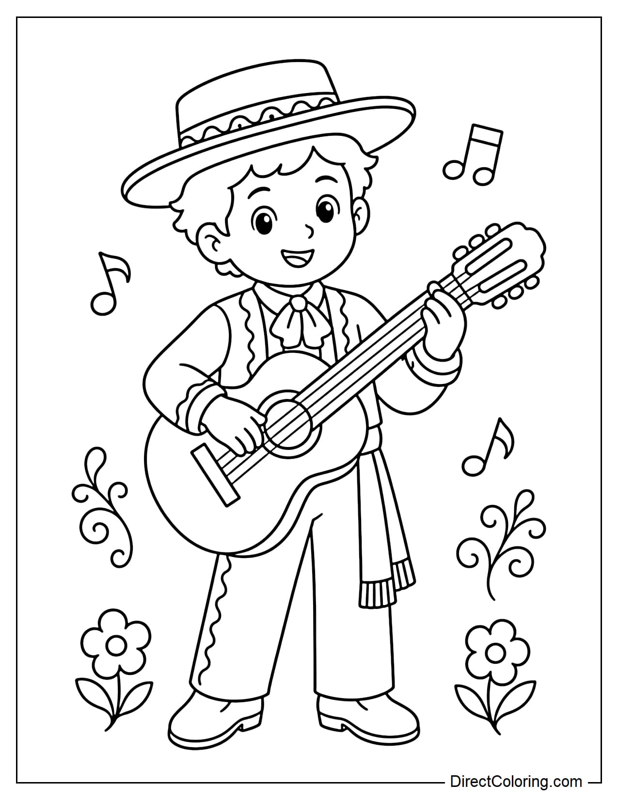 A Spanish guitar player in costume, standing or sitting, playing gently, with a few musical notes and simple patterns beside her.