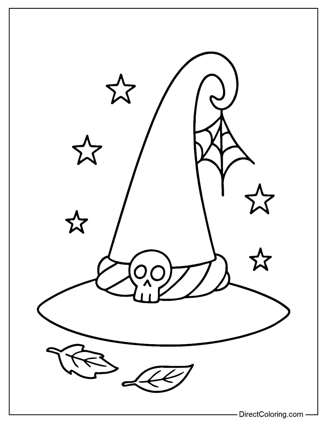 Coloring page of a pointed witch hat, bordered with a slightly twisted ribbon, with a small skull attached, and a spider web hanging from the top of the hat.
