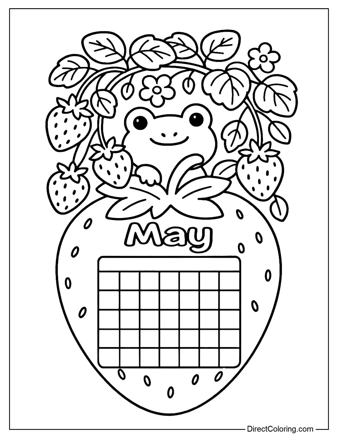 May calendar coloring page features a strawberry garden with a chibi frog peeking out from among the leaves at the top. Below is a calendar nestled inside a large, plump strawberry.
