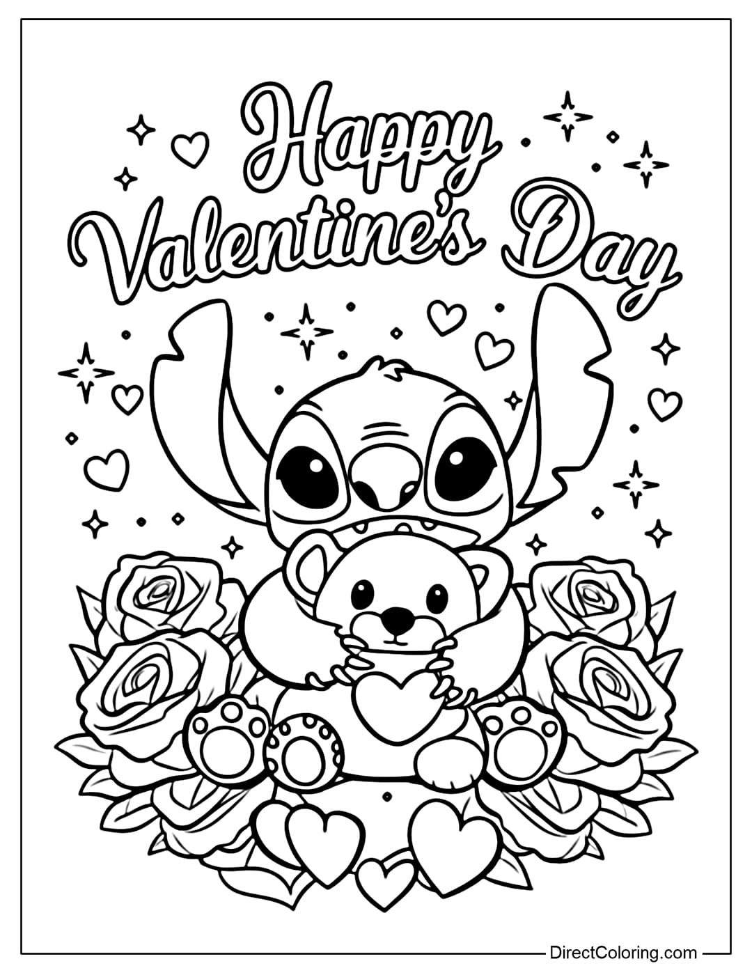 This coloring page shows Stitch hugging a small teddy bear with a heart on its belly, surrounded by blooming roses, with the words 
