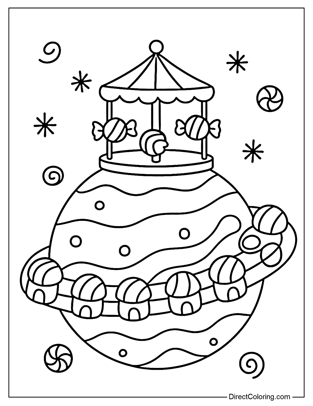 A candy carnival planet coloring page, the surface has a giant Ferris wheel attached to the belt. The belt is a colorful round candy cabin that rotates continuously.
