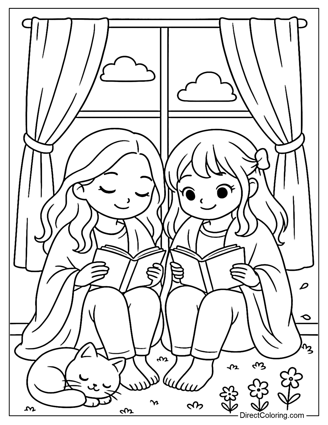 Coloring page of two girls sitting reading by the window, wrapped in a warm blanket, with a cat curled up at their feet.