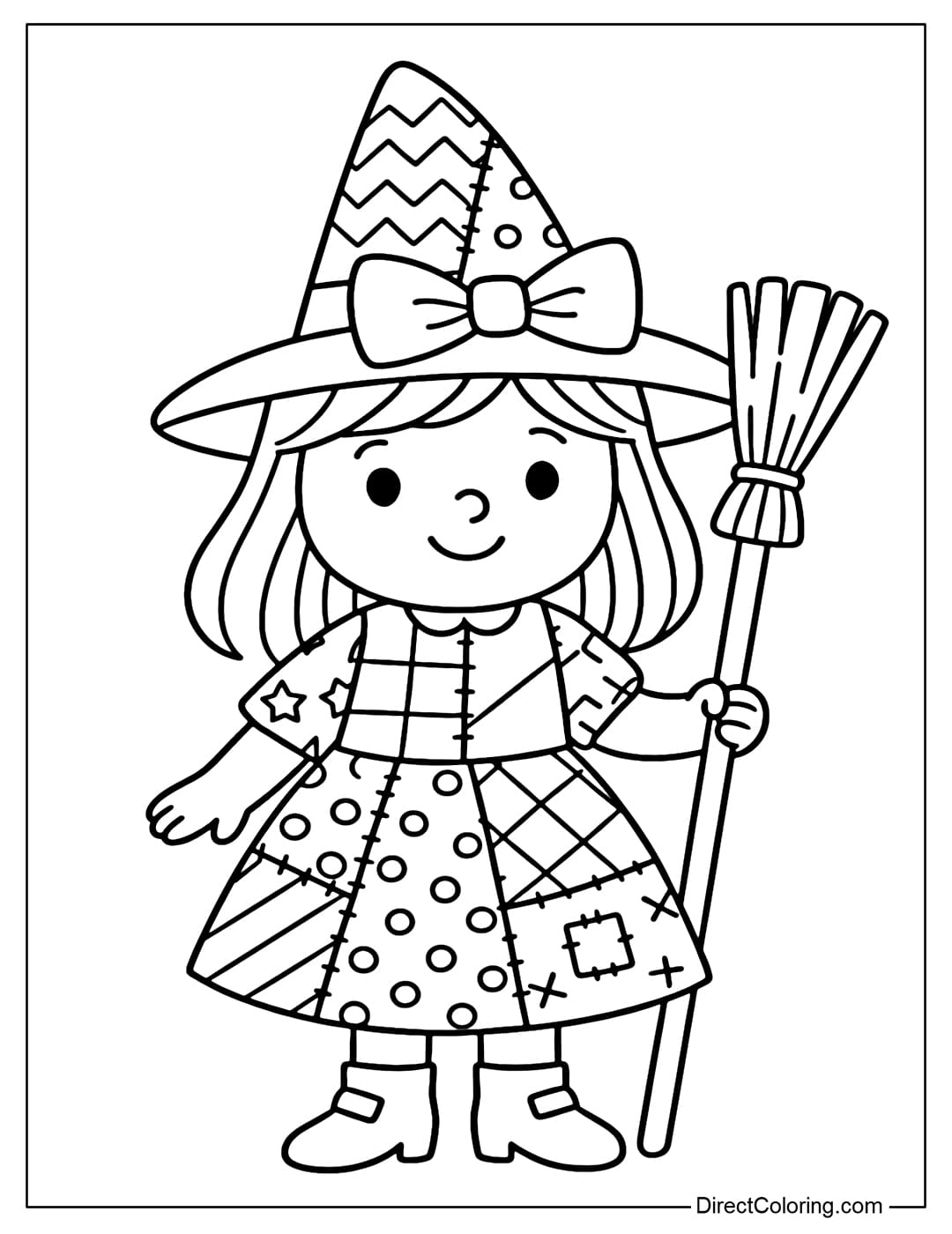A cute witch doll coloring page, a patchwork dress with many patterns, holding a small broom.