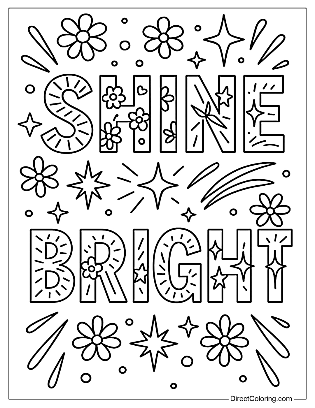 Coloring page of the word “Shine Bright” in large letters, each letter has a pattern like rays of light, flowers, stars, streaks of light.