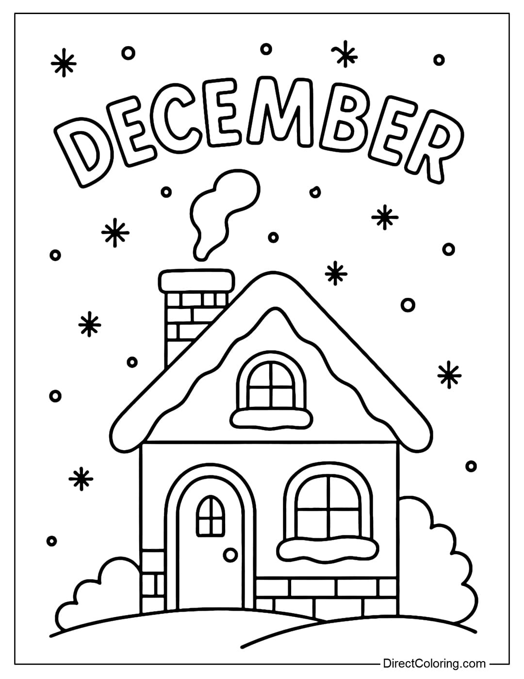 Coloring page of a cozy little winter house covered in white snow, smoke billowing from the chimney, the word December curling around the roof.