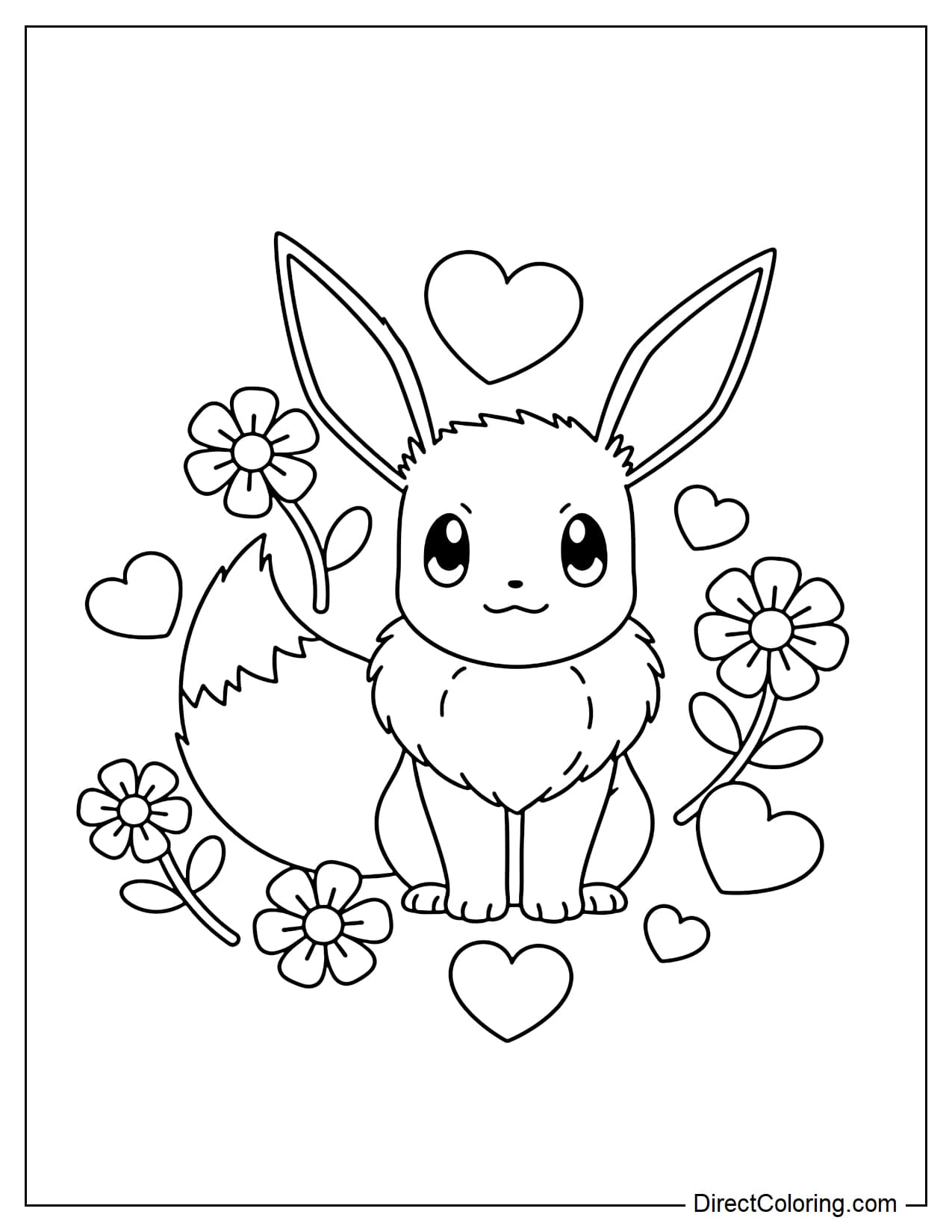 Eevee sits neatly in the center, ears perked up, its large fluffy tail surrounded by flowers and hearts.