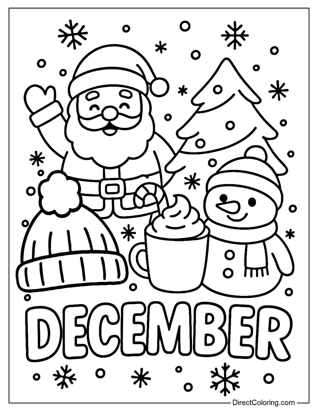 A DECEMBER coloring page, above are pictures of Santa Claus, Christmas tree, Snowman wearing a scarf, a woolen hat, a cup of hot chocolate with whipped cream.