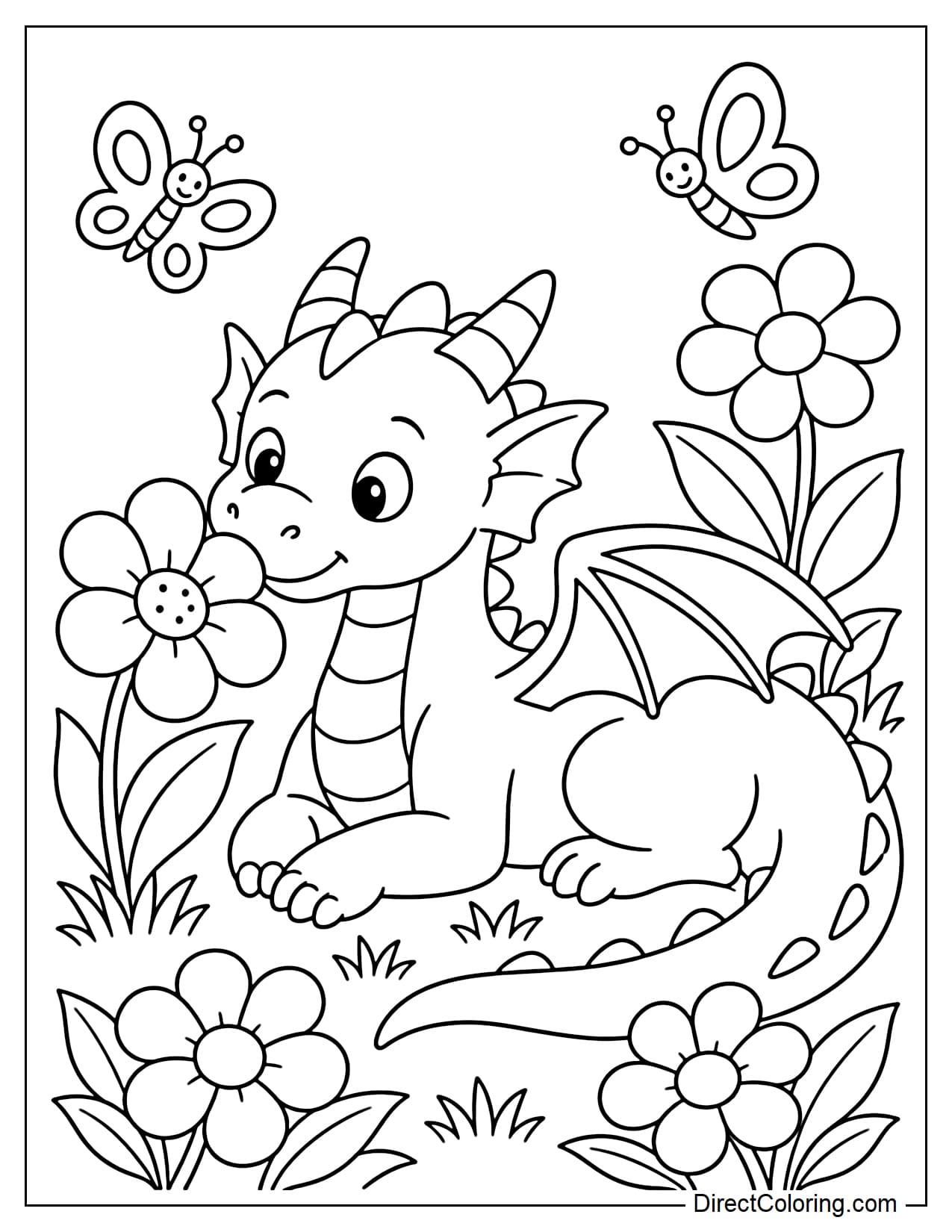 A dragon is resting among giant flowers, with its head tilted gently as it smells a flower beside it. Around it are round-petaled flowers, large leaves, and two butterflies.