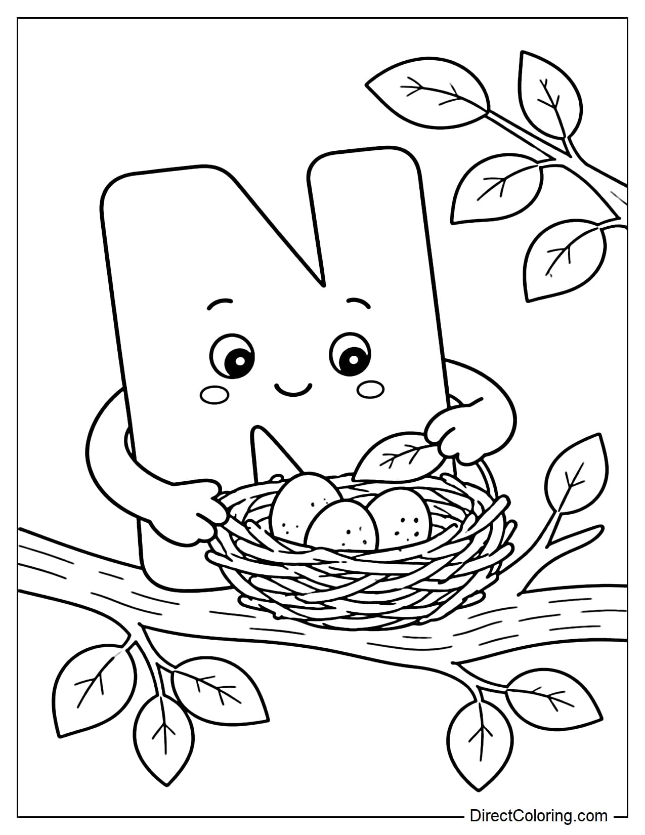 The adorable letter N is gently caring for a small bird's nest with eggs inside, surrounded by some leaves and branches.