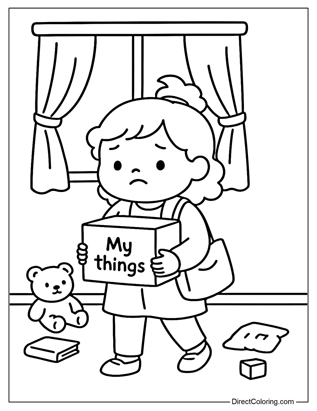 Coloring Page The boy moves house, holding a box of things called 