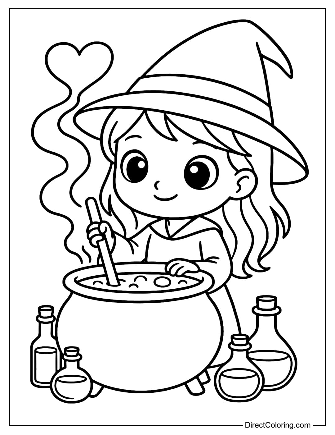 A coloring page of a witch stirring a large potion, surrounded by a few simple bottles, with smoke rising in the shape of a heart.