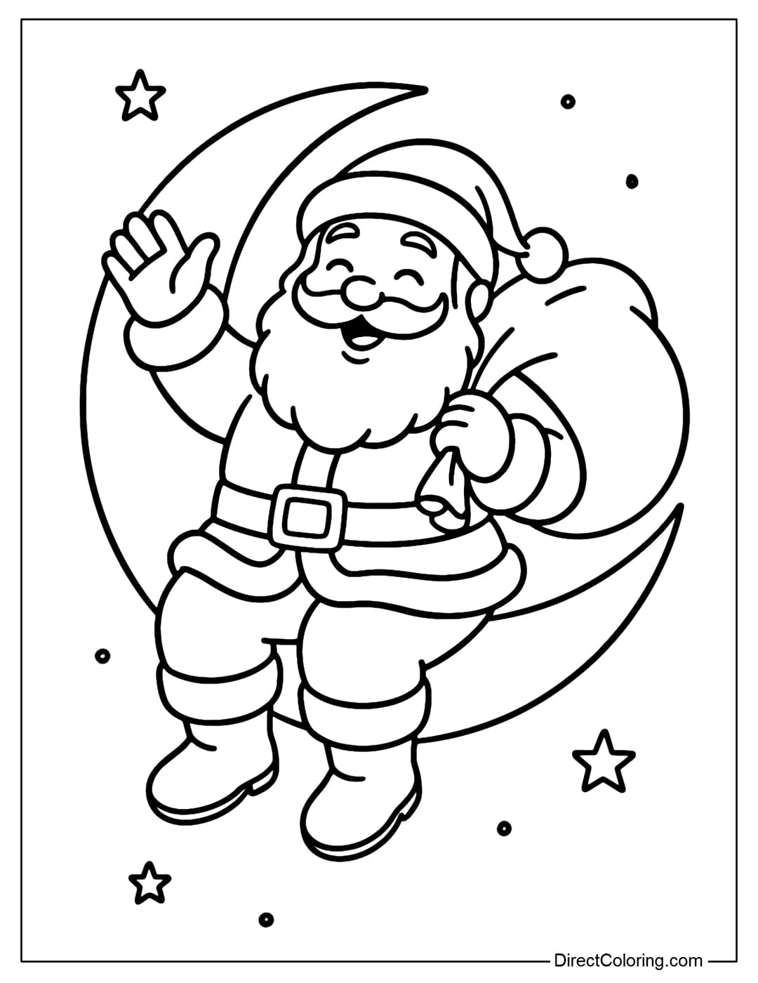 Santa and the Moon Coloring Page Santa Claus color page sitting on the crescent moon, waving his hand.