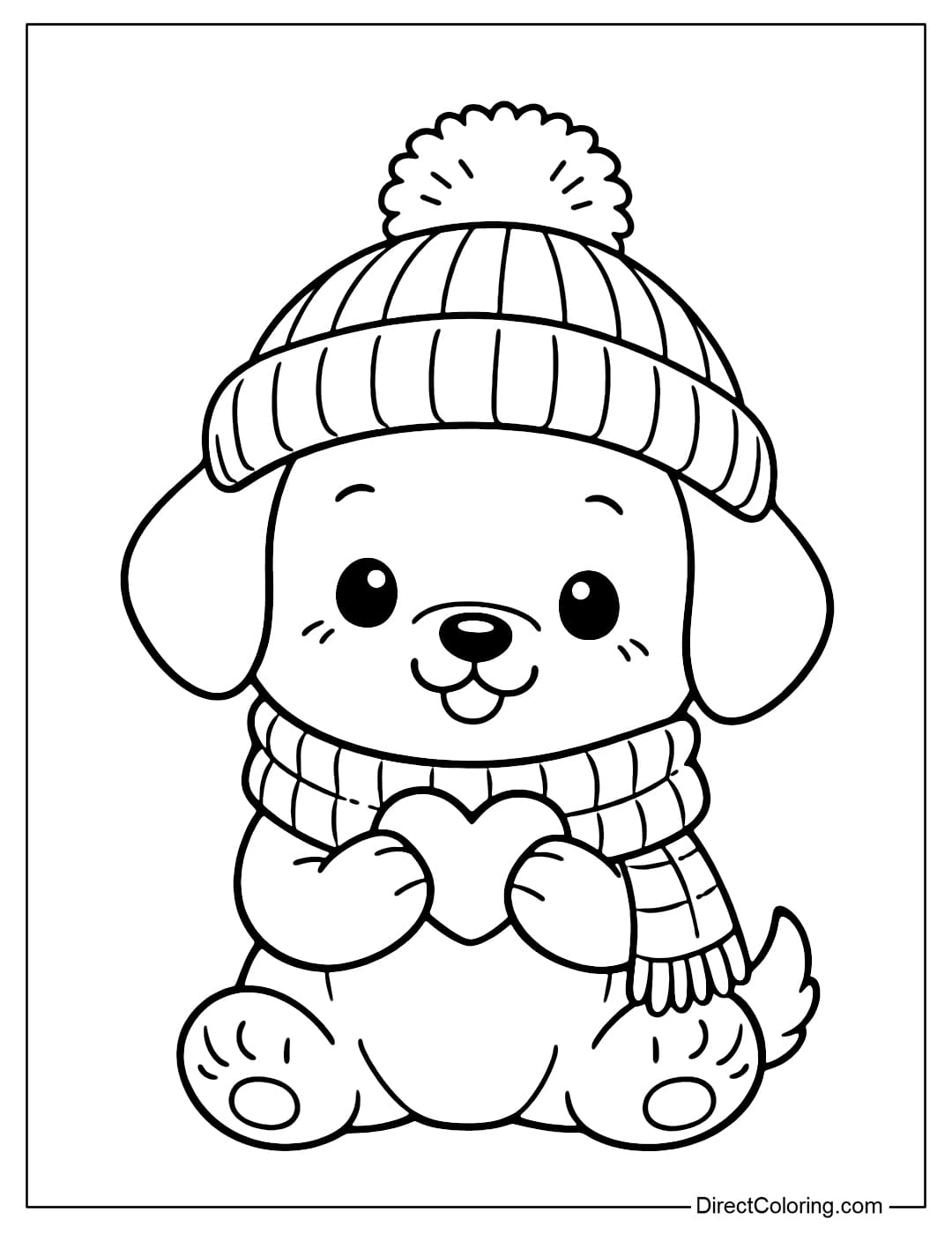 A coloring page of a puppy wearing a woolen hat and scarf, holding a small heart.