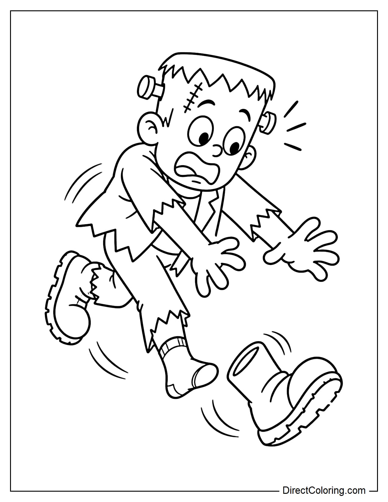 Frankenstein runs after his runaway boot with both arms stretched toward it, wearing a funny, clumsy expression.