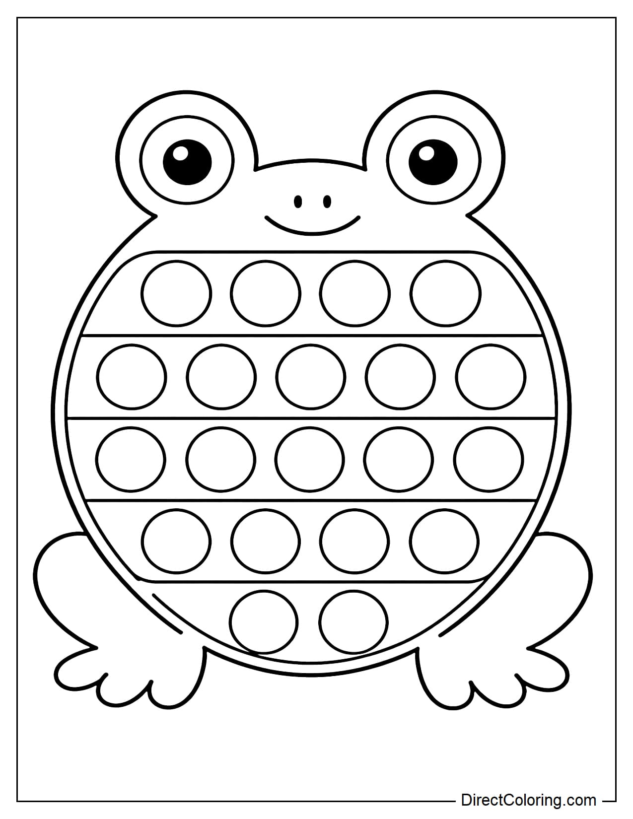A pop-it shaped like a sitting frog with a round body and large eyes on top, with round bubbles evenly distributed across the body.