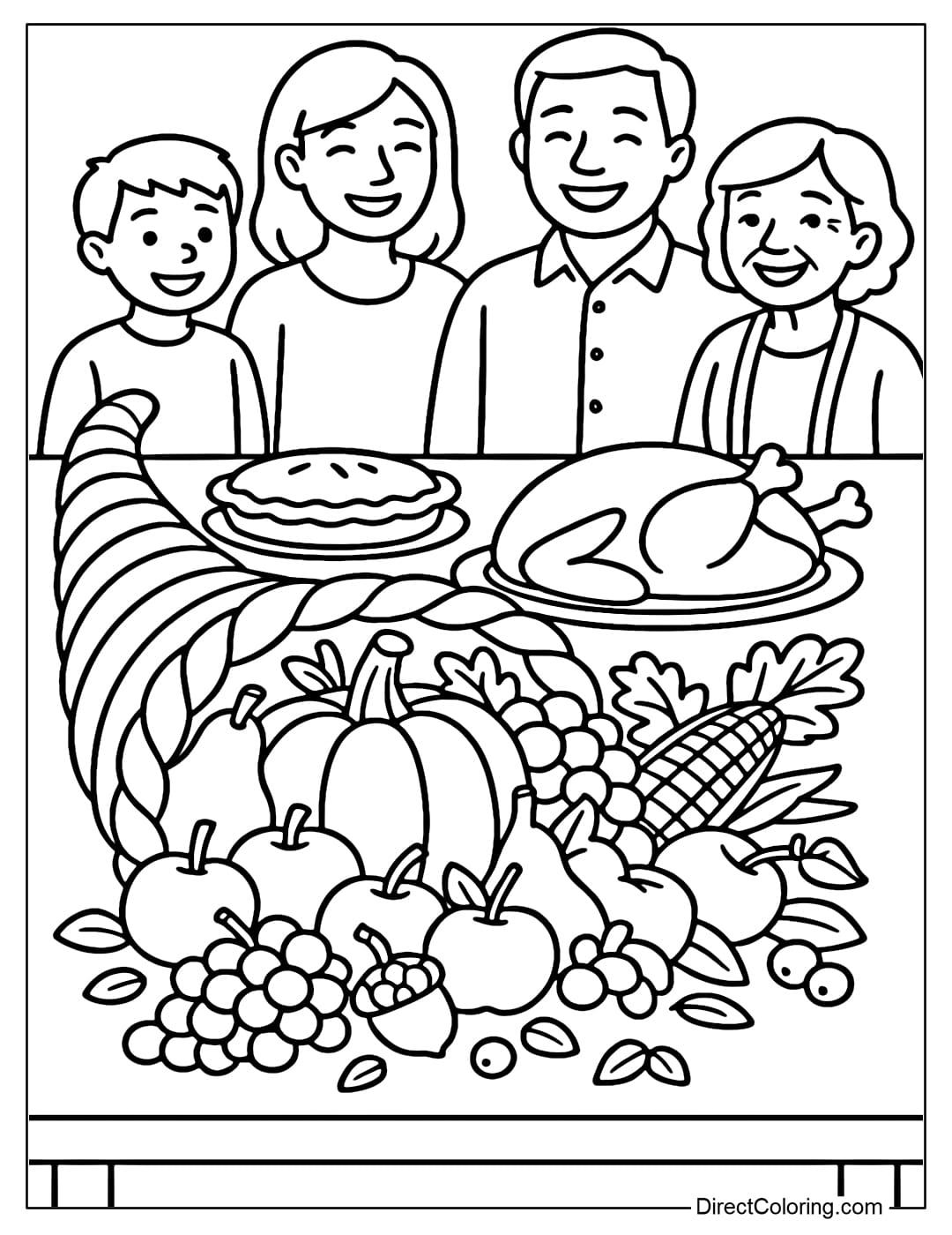 Cornucopia coloring page on the dining table, surrounded by a plate of pies, turkey, fruits and a family reunion.