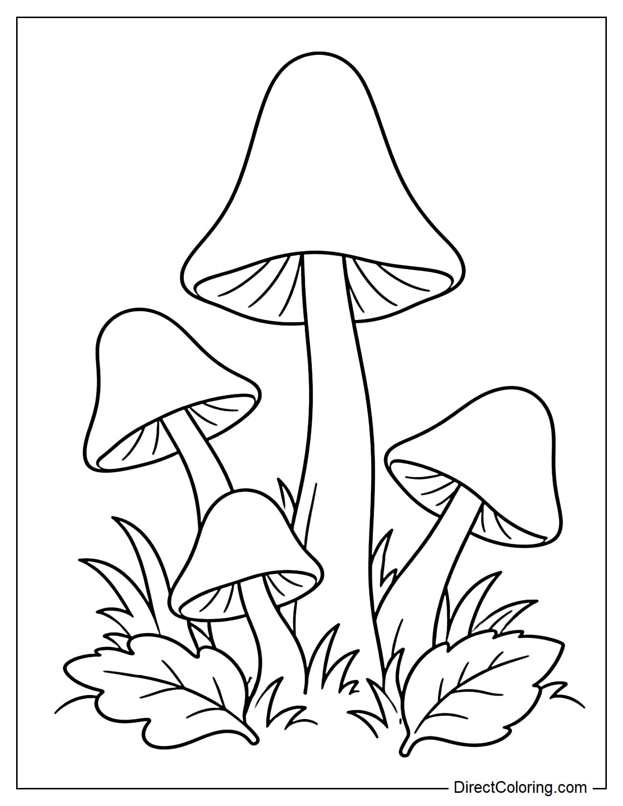 A cluster of bell-shaped mushrooms featuring one large mushroom and three smaller mushrooms leaning in different directions, with simple leaves and grass around the base.