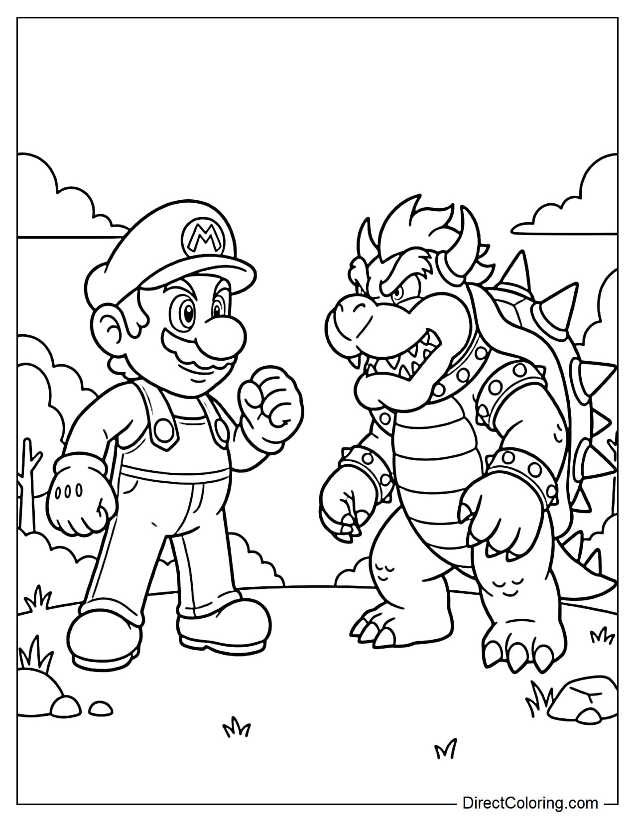 Mario and Bowser stand facing each other in ready-to-fight poses that look exciting but not too aggressive.