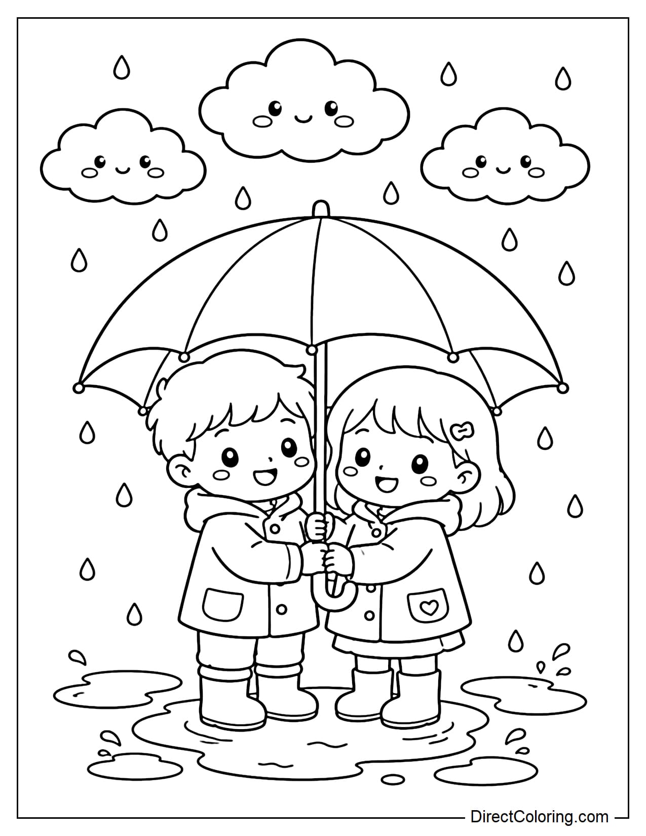 Two little girls are sharing a large umbrella under a light rain, with a few small puddles and a round cloud below.