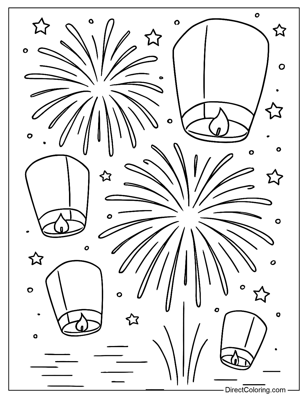 Coloring page of a night where lanterns are released while fireworks explode brightly