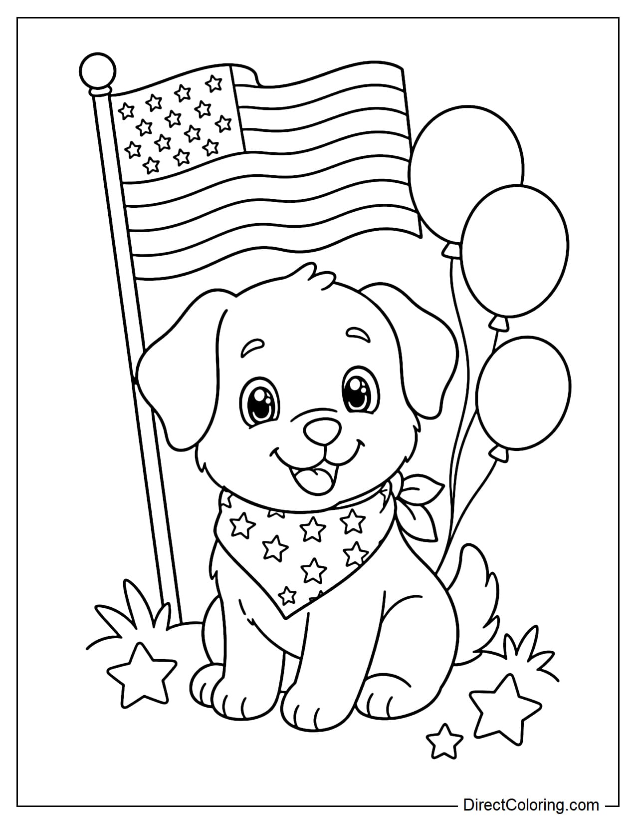 An adorable puppy wearing a star-shaped bandana sits next to an American flag and some simple balloons.
