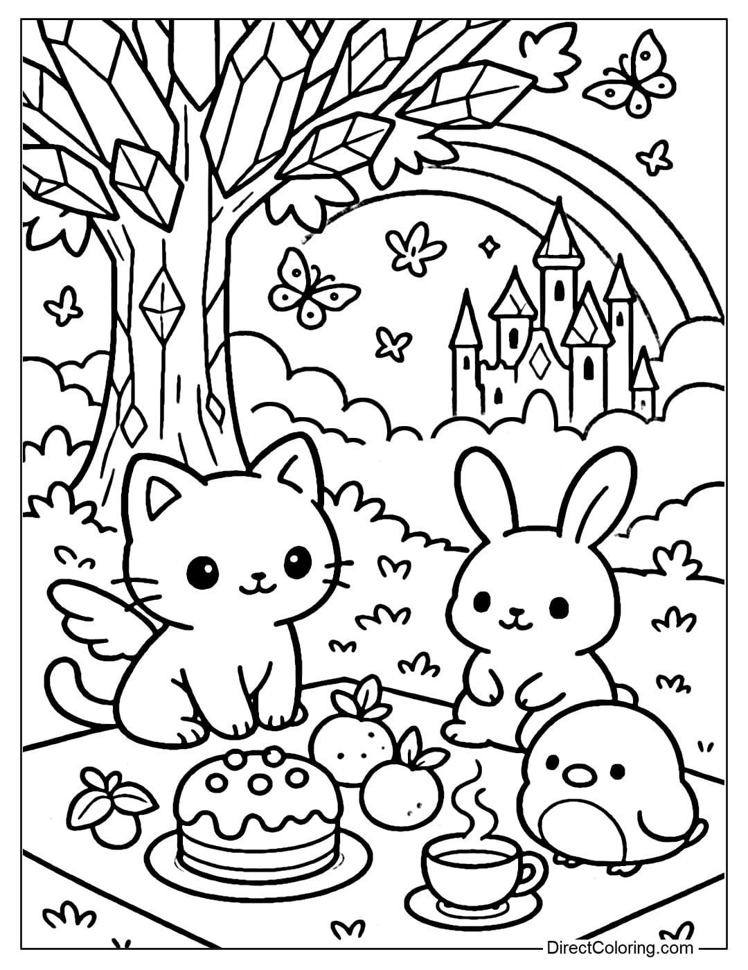A coloring page of a little winged cat sitting on a picnic blanket with a rabbit and a round-winged bird.