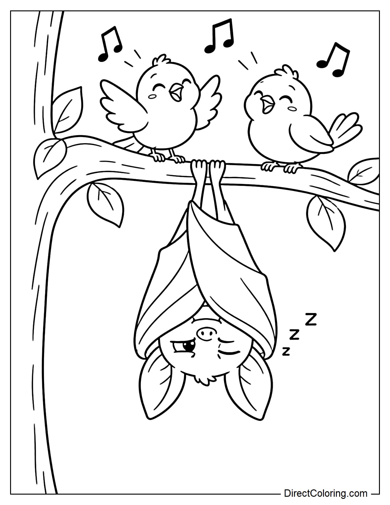 A sleepy bat hangs upside down beneath a branch and covers its ears with its wings while two little birds sing cheerfully above.