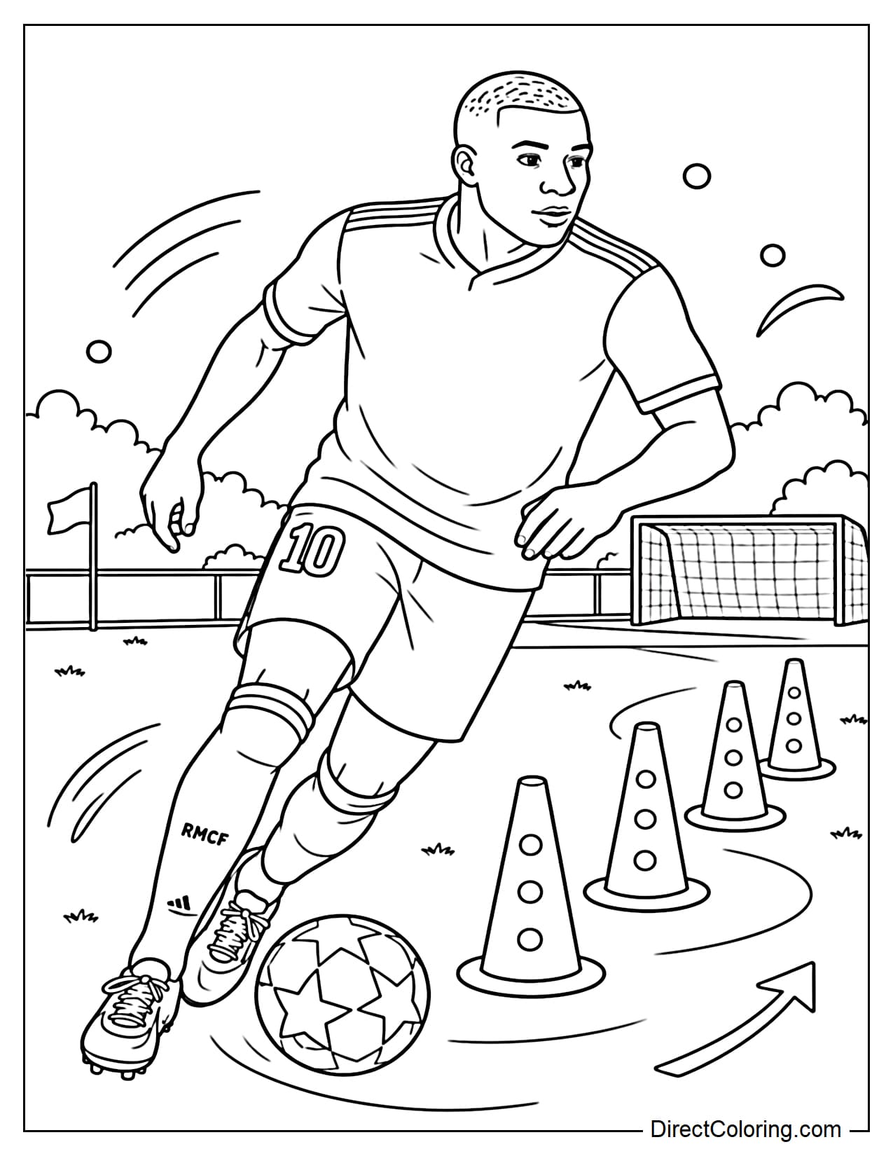 Kylian Mbappé dribbling past cones, with a grass field in the background.