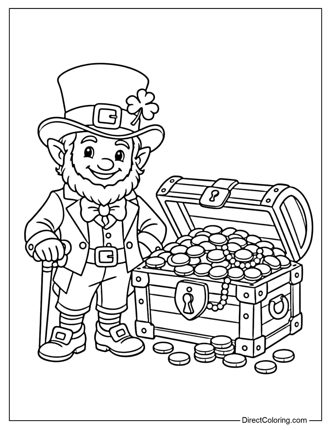 A coloring page of a Leprechaun standing next to a treasure chest full of gold.