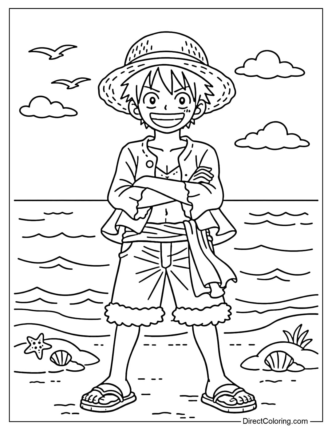Luffy standing in front of the sea with a few simple waves, a peaceful scene.