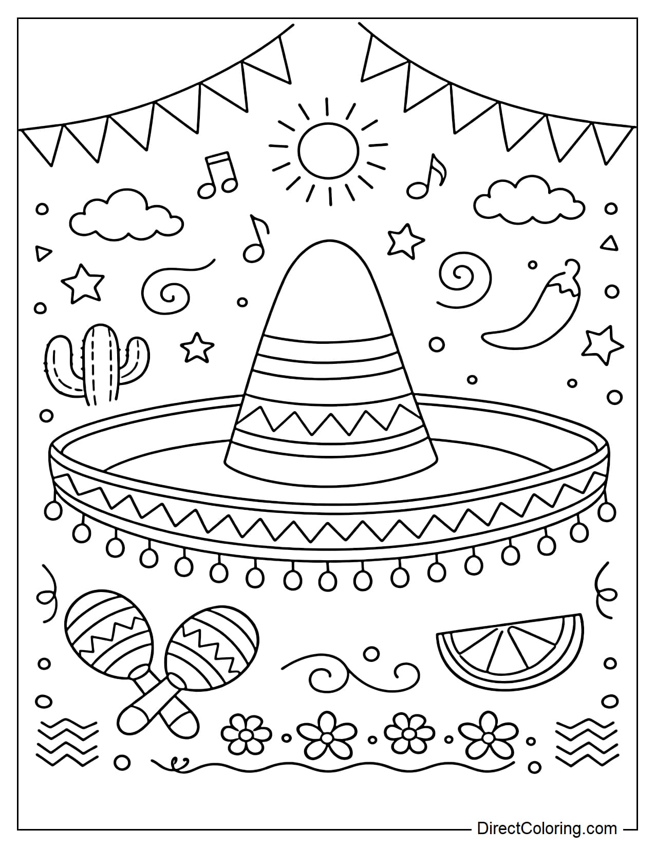 A traditional sombrero hat, adorned with characteristic symbols such as a pair of maracas, chili peppers, and cacti.