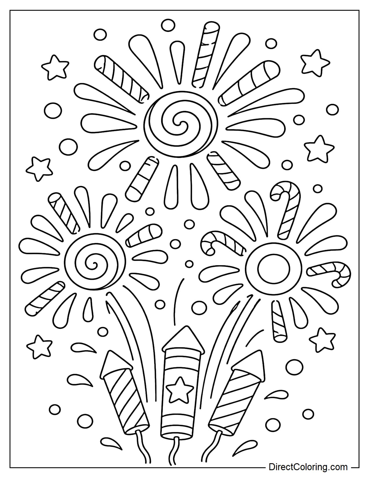 Creative firework clusters with sparks shaped like candy, lollipops, and large circles radiating outwards.
