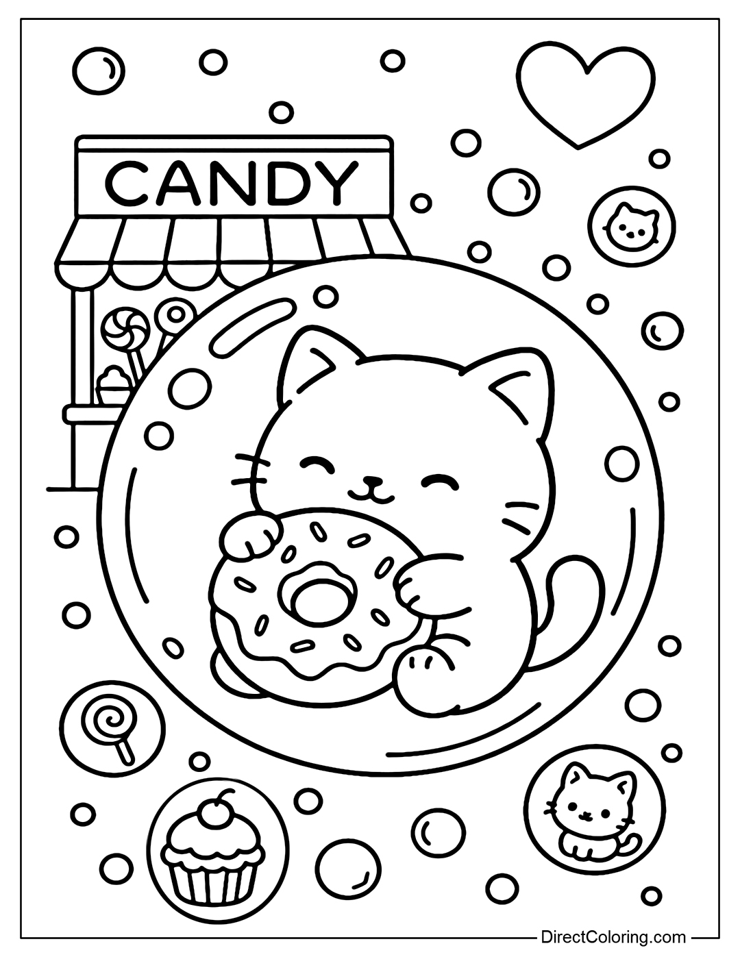 A large soap bubble coloring page containing a chubby kitten holding a big donut. Outside the bubble is a small candy store scene with a candy bar, cupcakes.