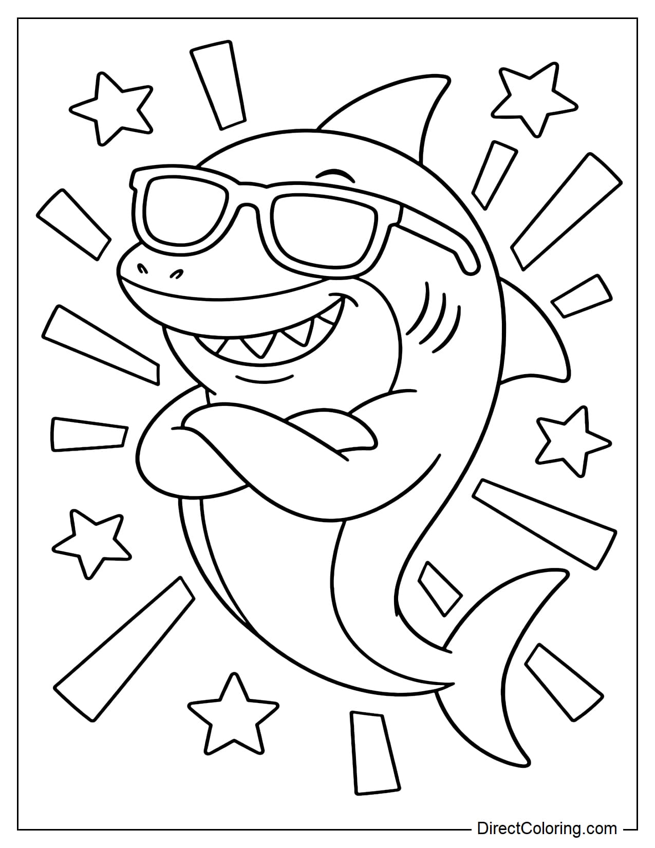 A cool shark wearing large sunglasses and with its two front fins folded across its chest, with some rays of light and stars behind it.