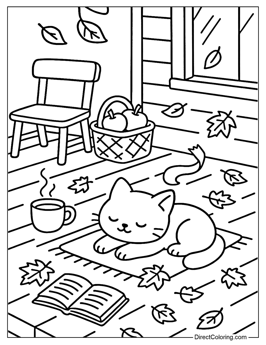 Coloring page of a kitten sunbathing on the porch on a peaceful autumn afternoon.