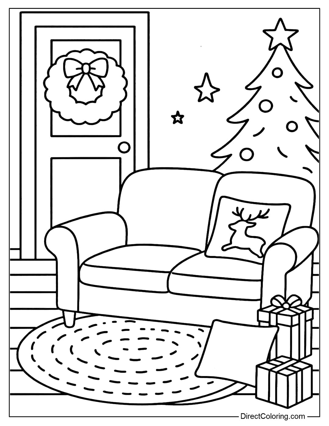 A living room coloring page decorated for Christmas, a wreath hanging on the door, a pine tree placed in the corner, and reindeer-themed pillows.