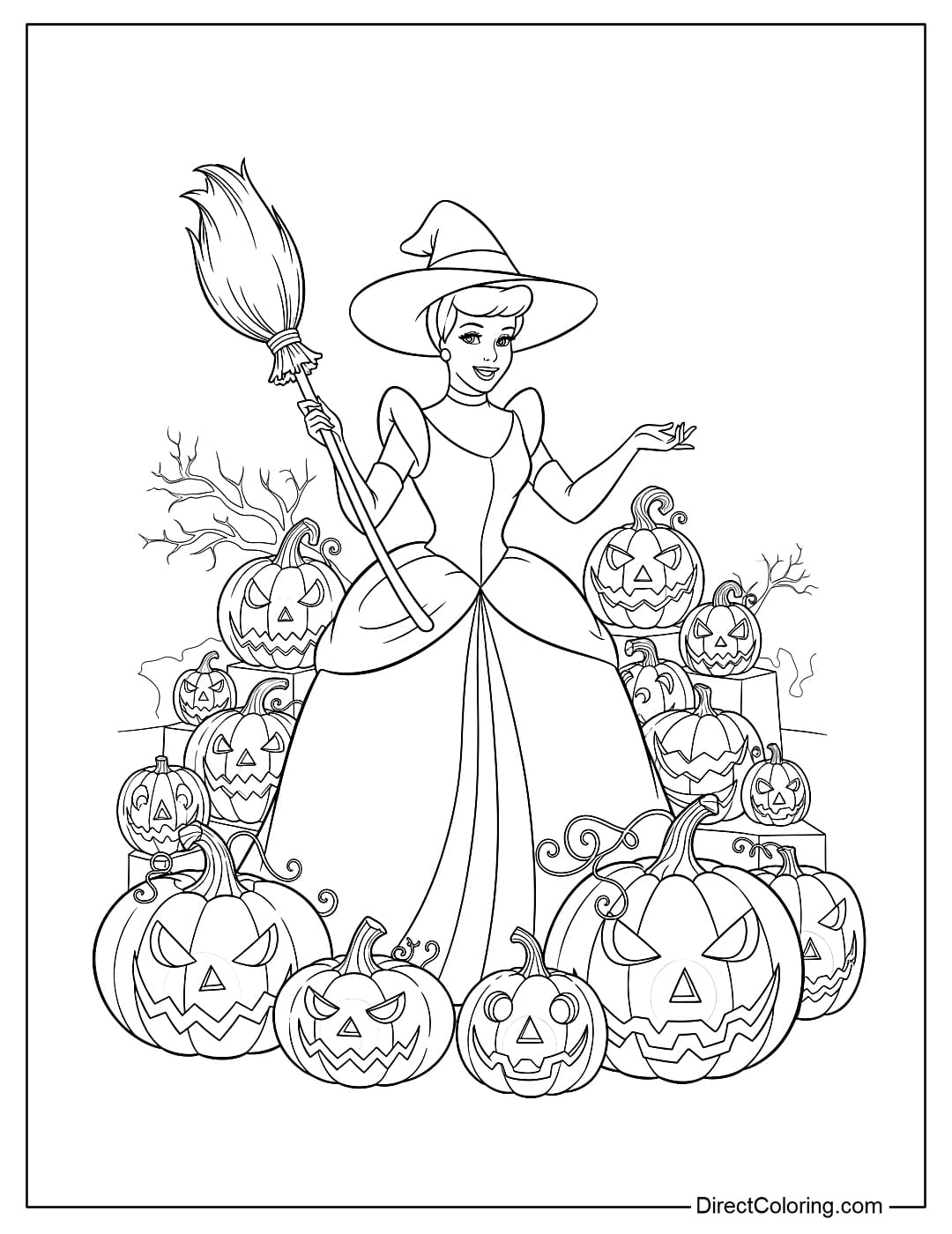 Cinderella coloring page wearing a witch's hat, holding a broom, surrounded by pumpkin lanterns.