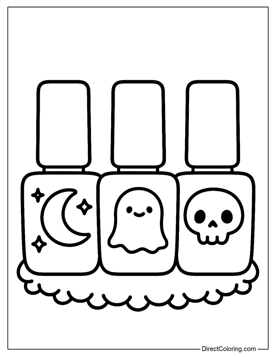A cute Halloween nail polish trio coloring page featuring a moon, ghost, and skull.