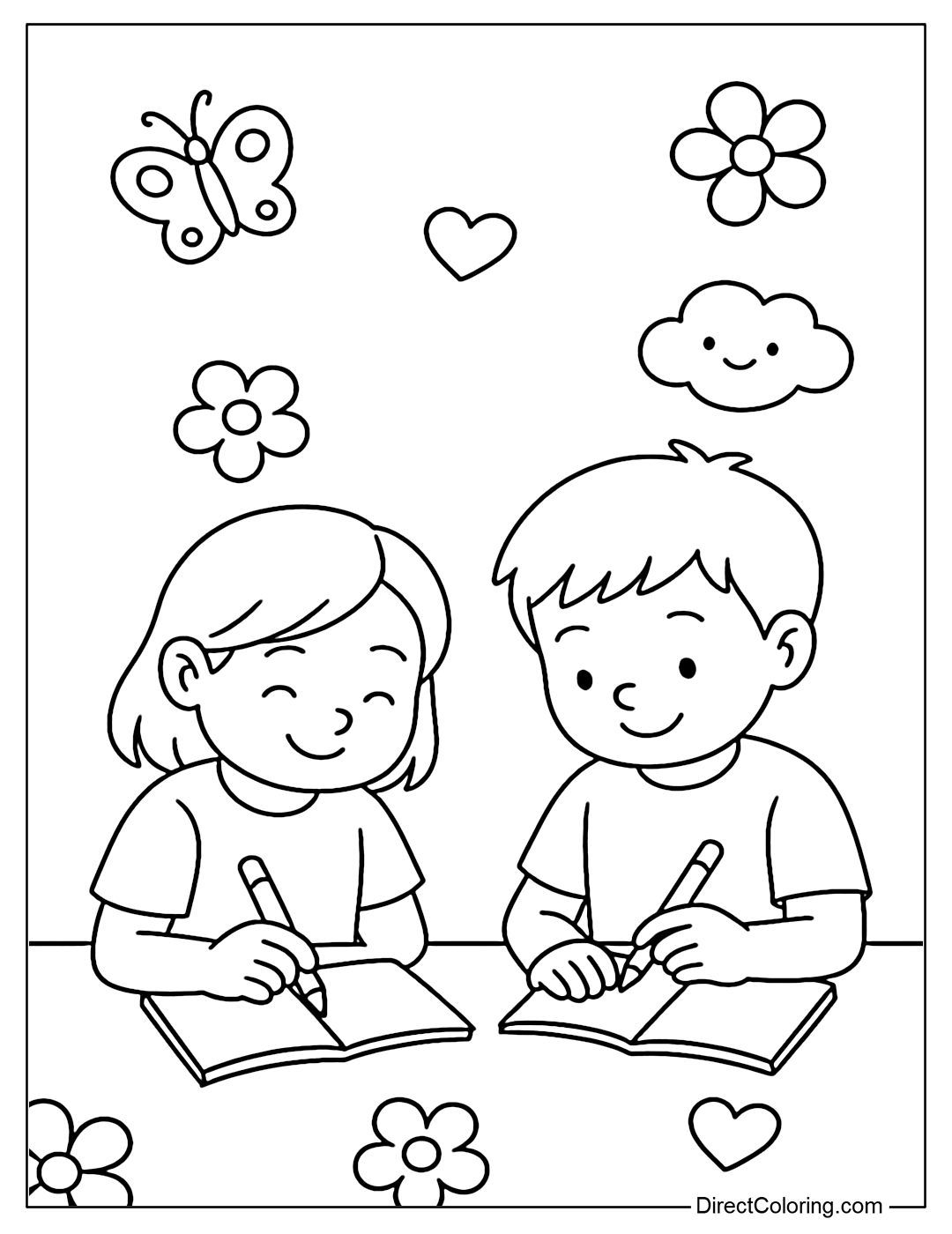 Coloring page of two friends sitting together drawing in a notebook, with cute pictures around the page.