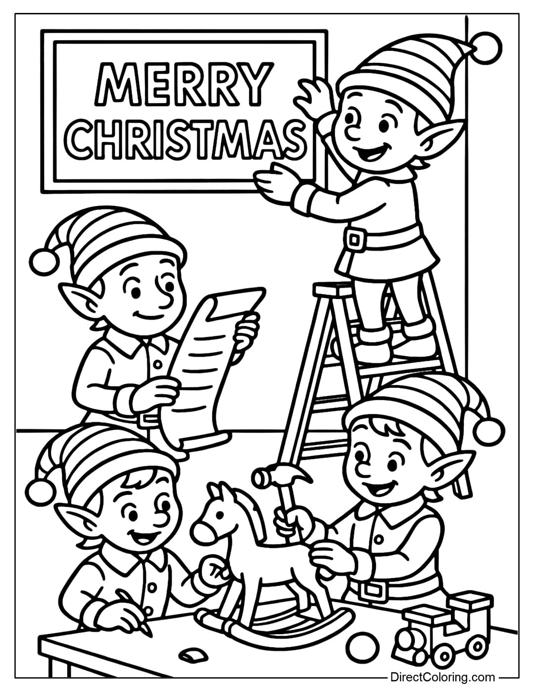 Coloring page of a group of elves working in Santa's workshop: making toys, checking lists, hanging up 