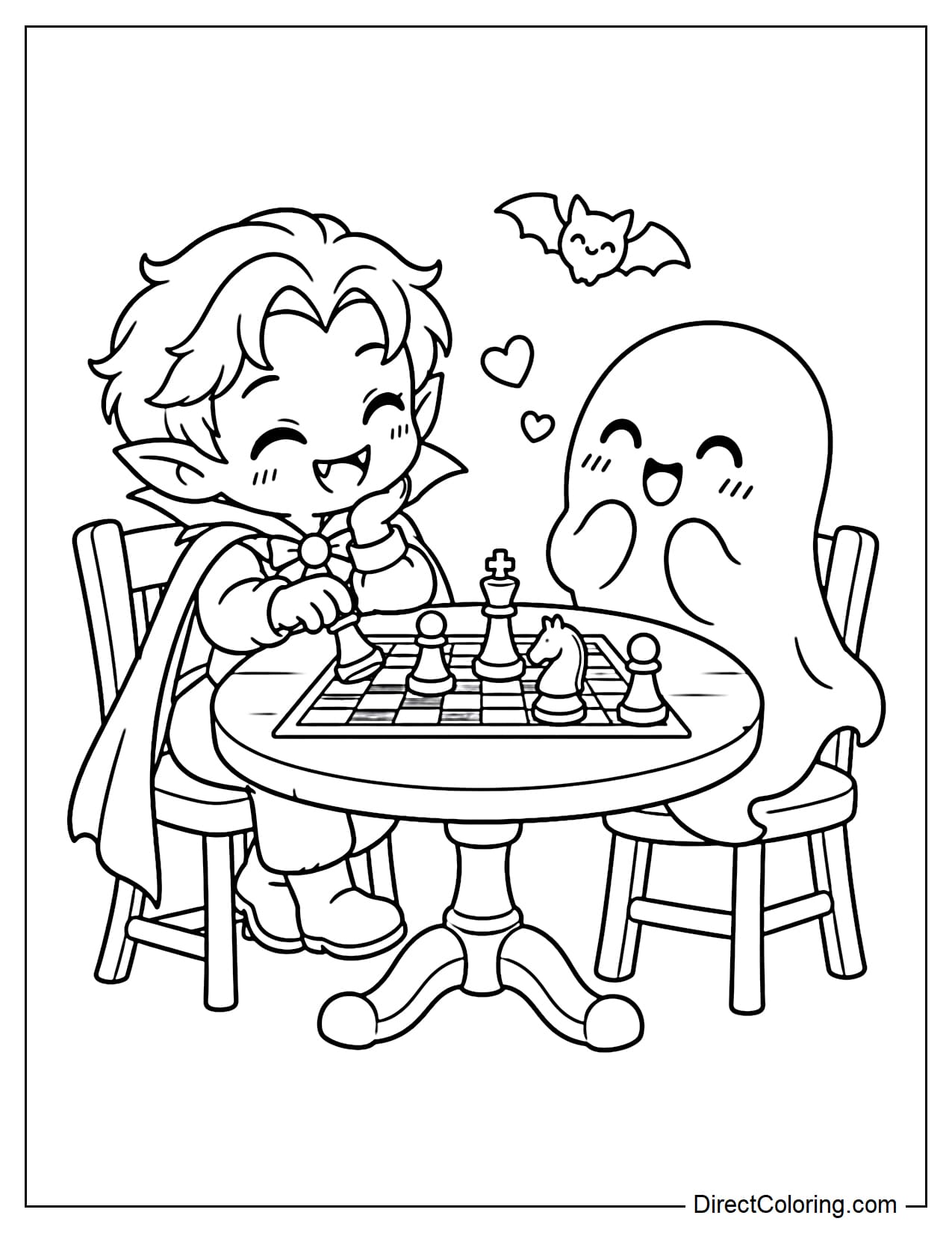 A small vampire is sitting at a round table playing chess with a friendly ghost.