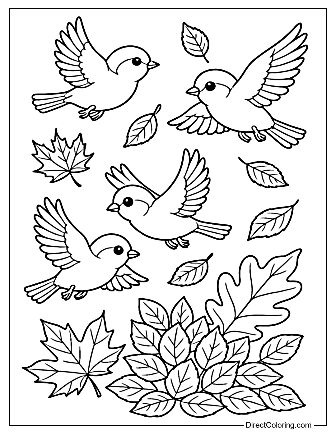 A coloring page of a few sparrows flying among the fallen leaves.