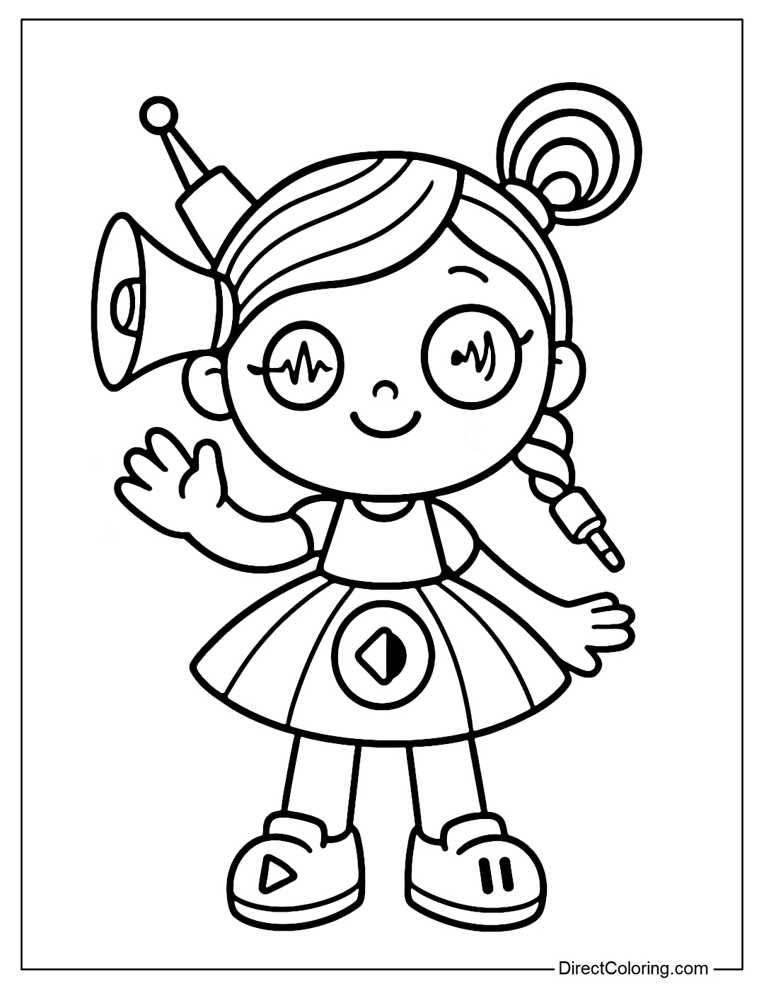 Echo doll coloring page with ears that are mini radio speakers and antennas. The left eye is a round sound wave, the right eye is smaller like an echo. The hair is like a microphone wire, one braid is a round jack.