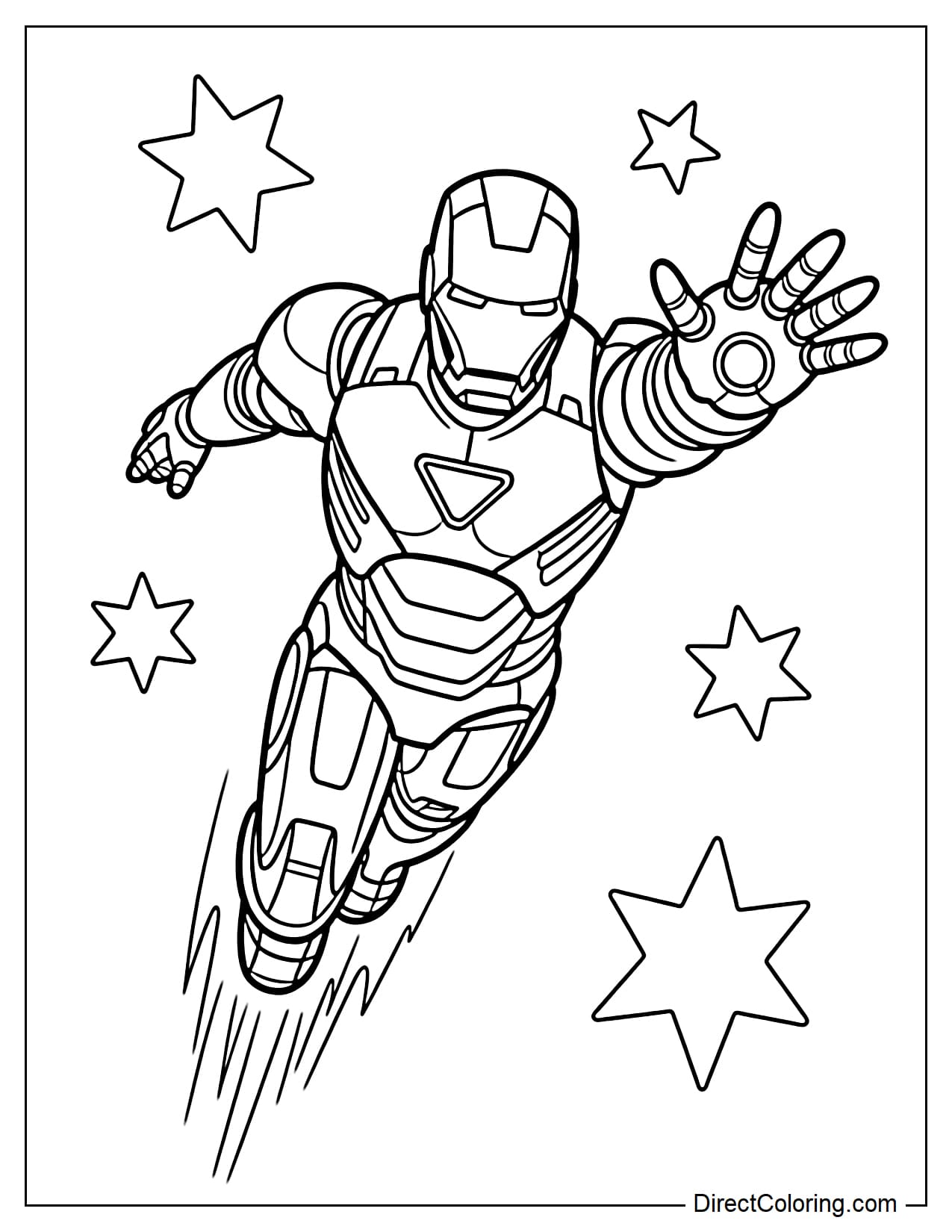 Iron Man flying, surrounded by several large stars.