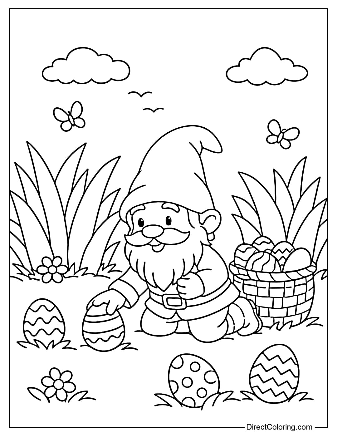 Coloring page of a gnome hunting for Easter eggs in a simple garden with a few large bushes.