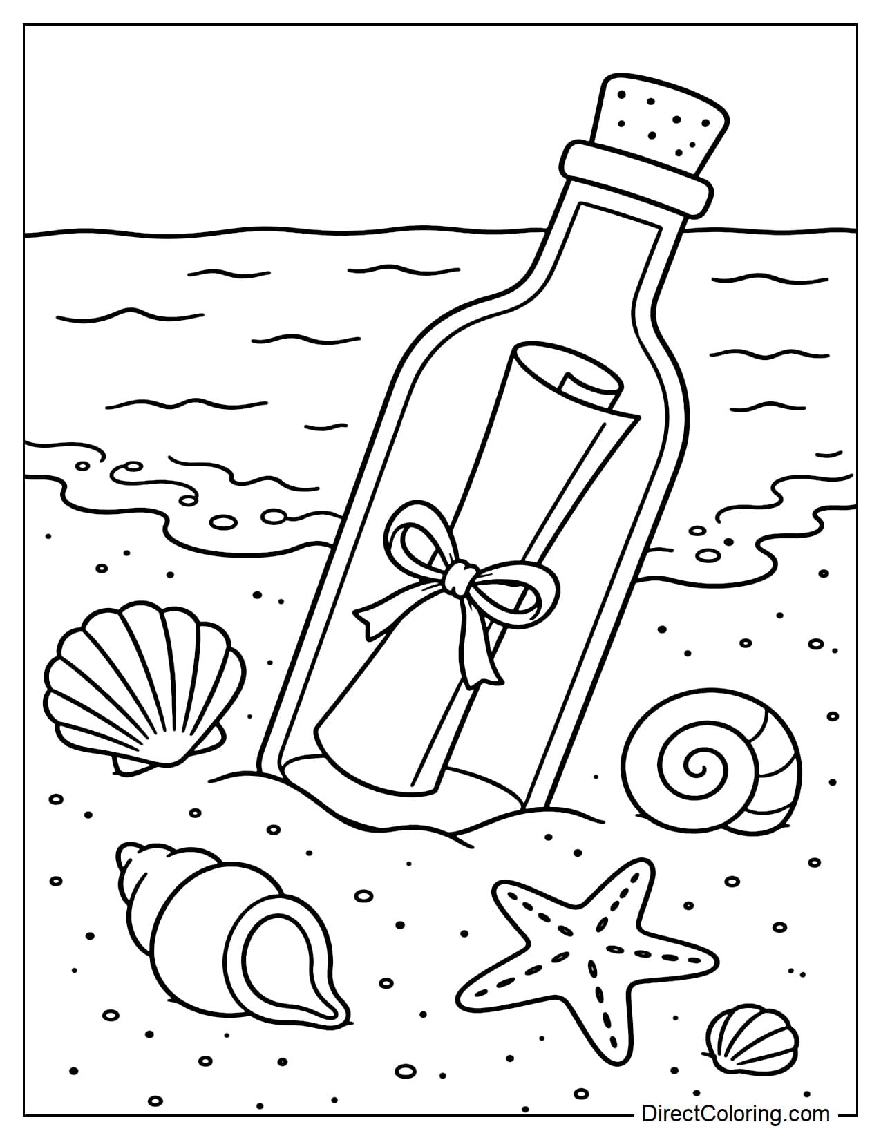A glass bottle with a letter inside lying on the sand, next to some seashells and gentle waves.