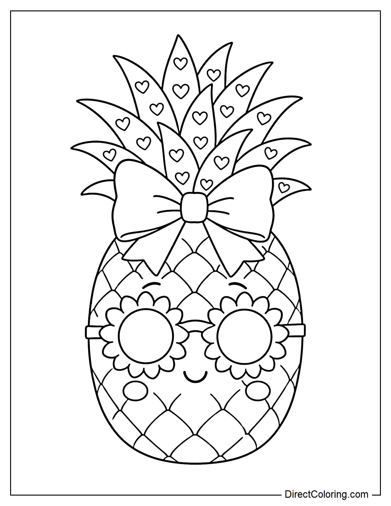 A pineapple wearing a large bow on its head, sunflower-shaped sunglasses, and leaves decorated with small hearts scattered across each leaf.