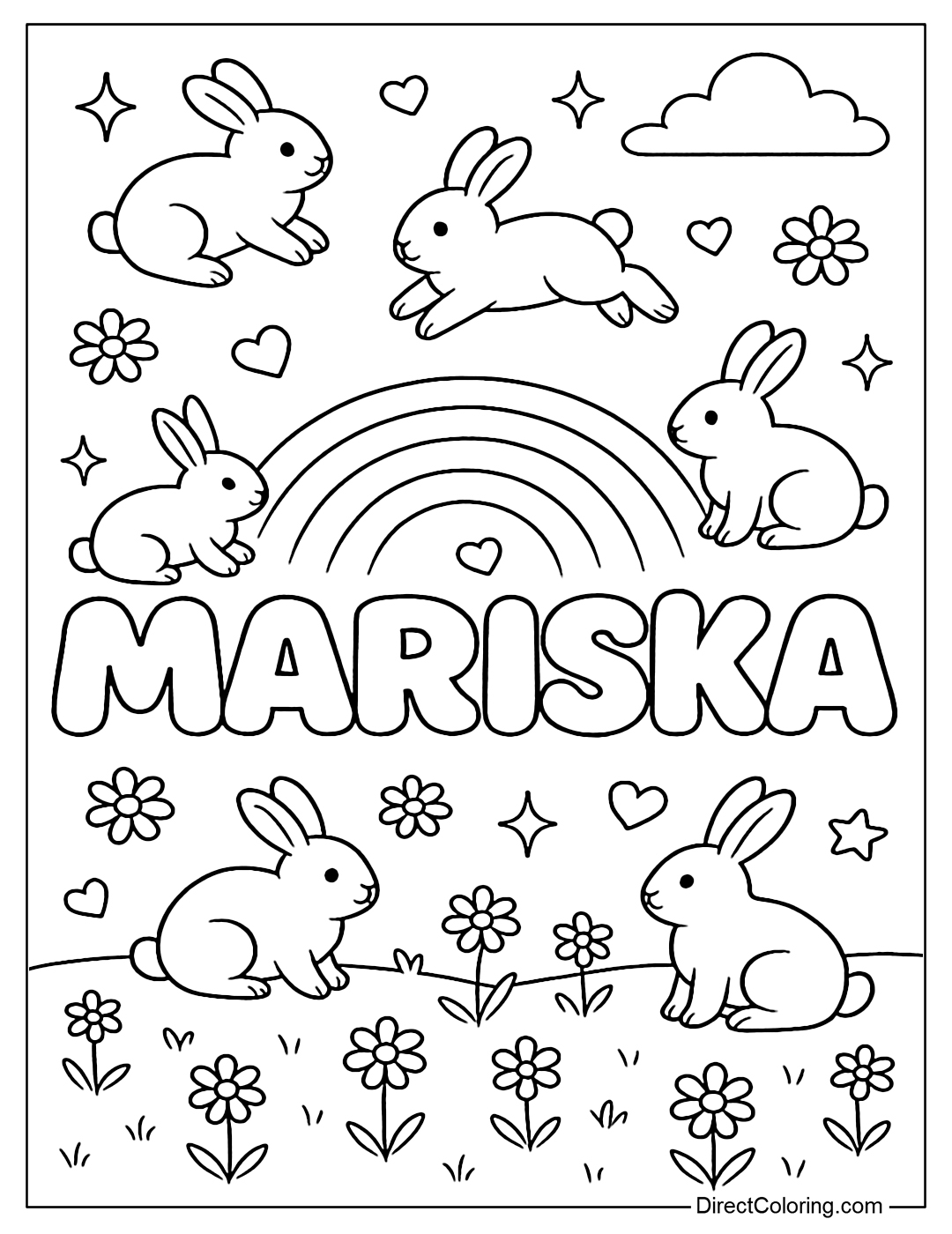 Mariska Name Coloring Page is written in soft bubble letters, each letter is like a cute little pillow. Surrounded by white bunnies, small daisies, hearts and sparkling stars.