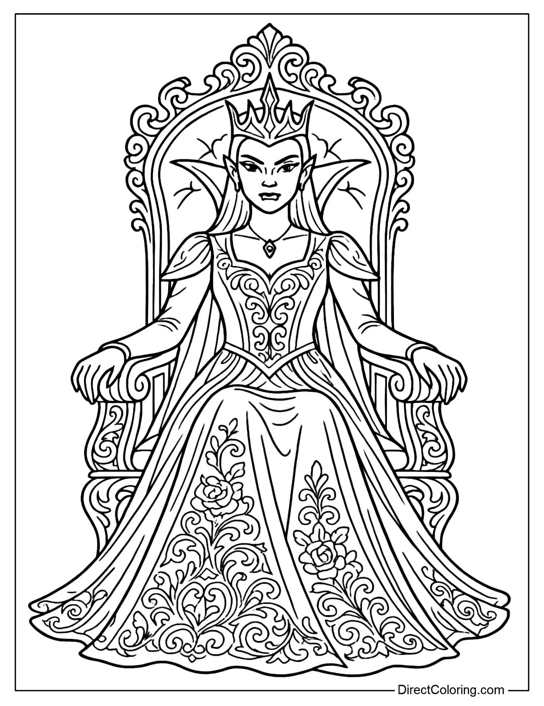 Gothic Vampire Queen Coloring Page Powerful vampire queen coloring page, gorgeous long dress, classic carved throne.